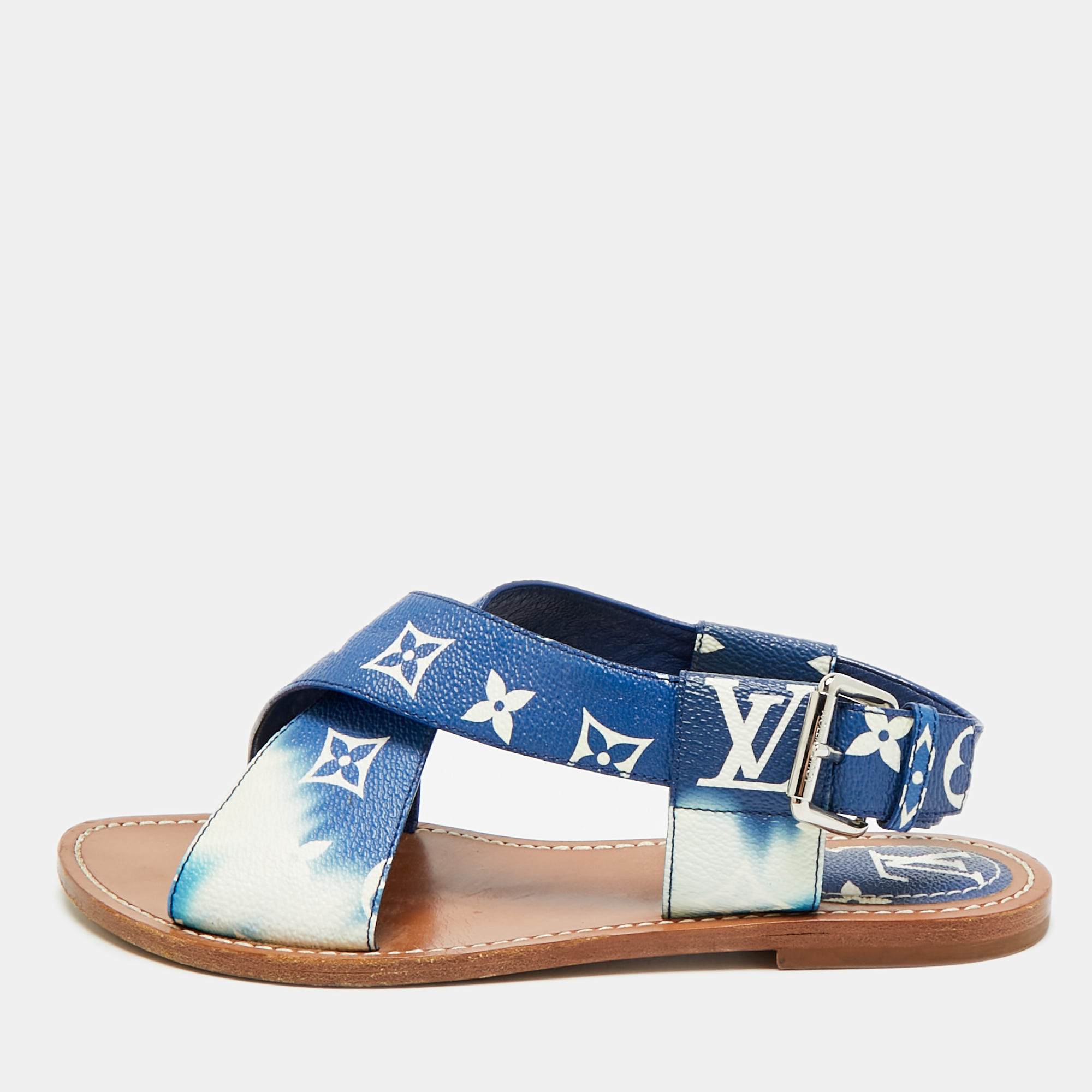 Pre-owned Louis Vuitton Size 37.5 Blue Monogram Coated Canvas Slingback