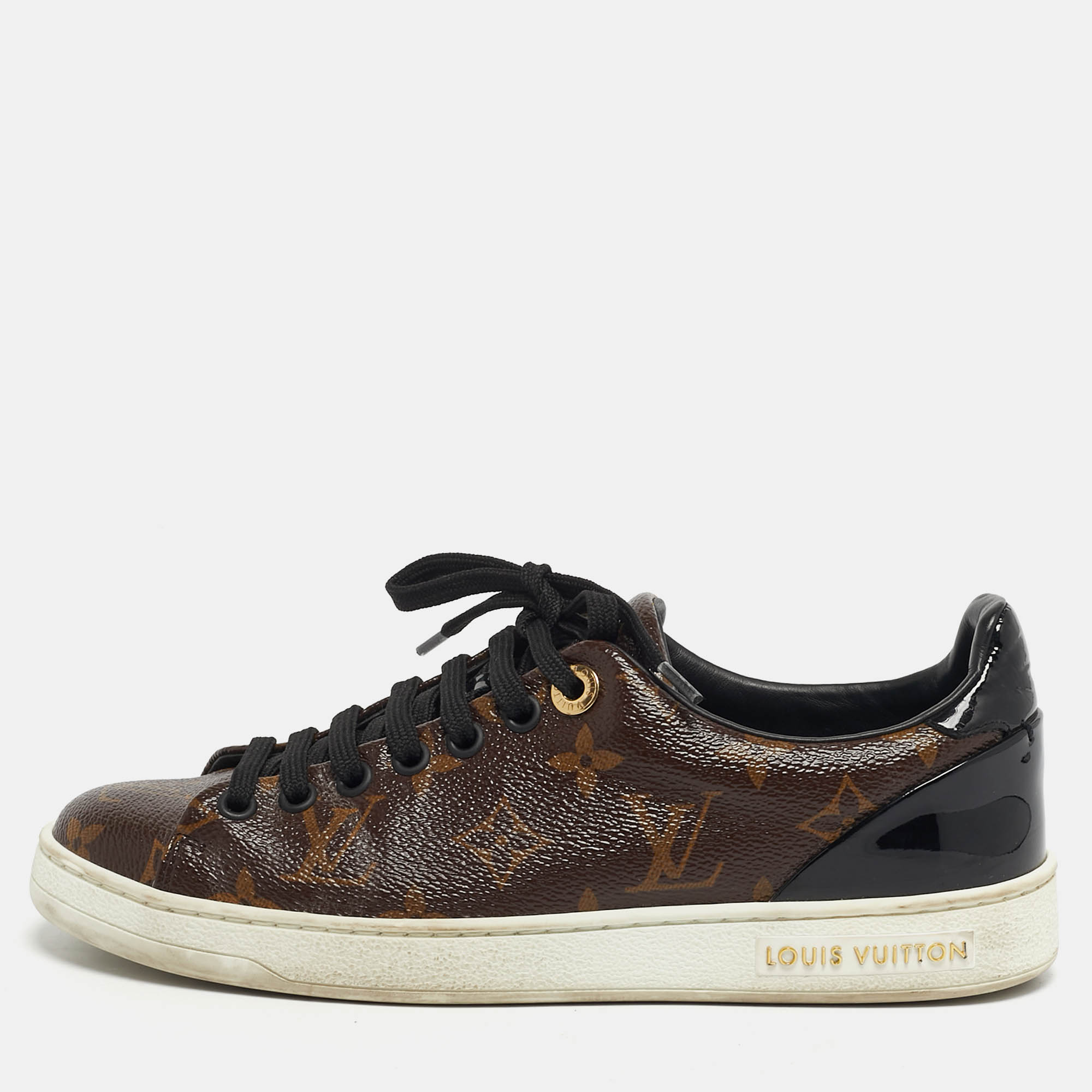 Pre-owned Louis Vuitton Frontrow Size 36 Brown/black Coated Canvas And Patent Leather Low Top Sneakers