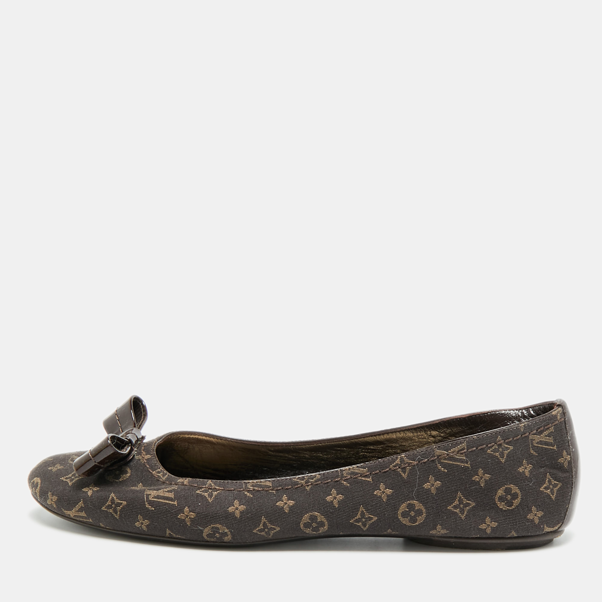Pre-owned Louis Vuitton Bow Size 40 Brown Monogram Canvas And Patent Leather Ballet Flats
