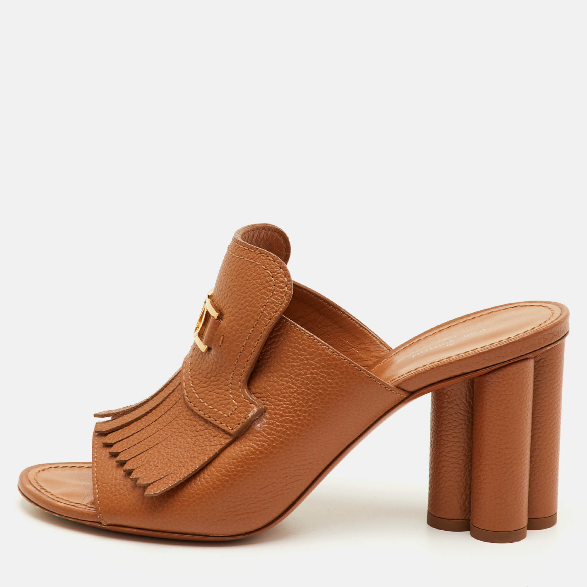 

Louis Vuitton LV Logo Fringe Trim Size  Brown Leather Slide Sandals