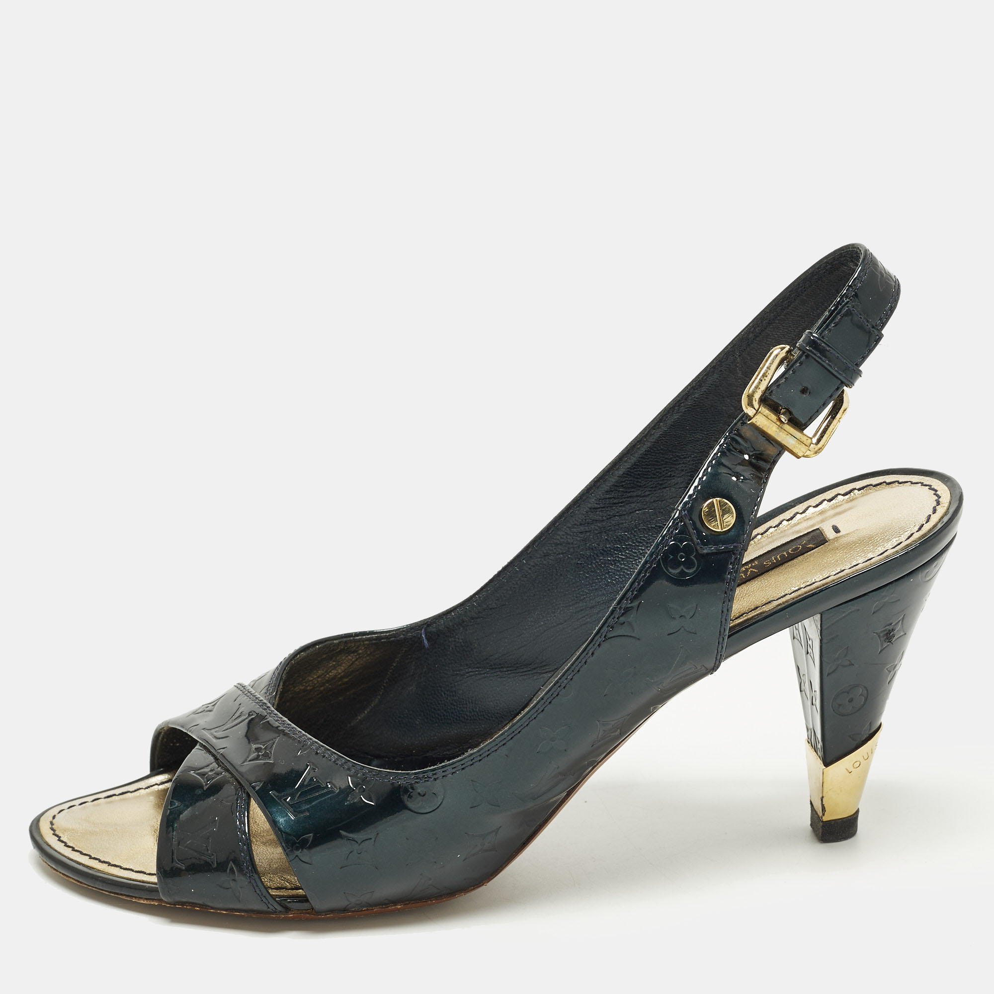 

Louis Vuitton Vernis Size  Dark Green Monogram Patent Leather Slingback Pumps