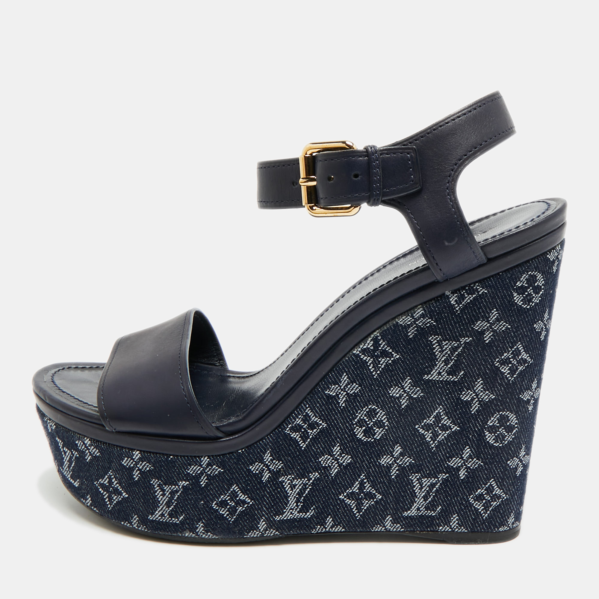 Pre-owned Louis Vuitton Waterfall Size 39.5 Navy Blue Leather And Monogram Denim Wedge Sandals