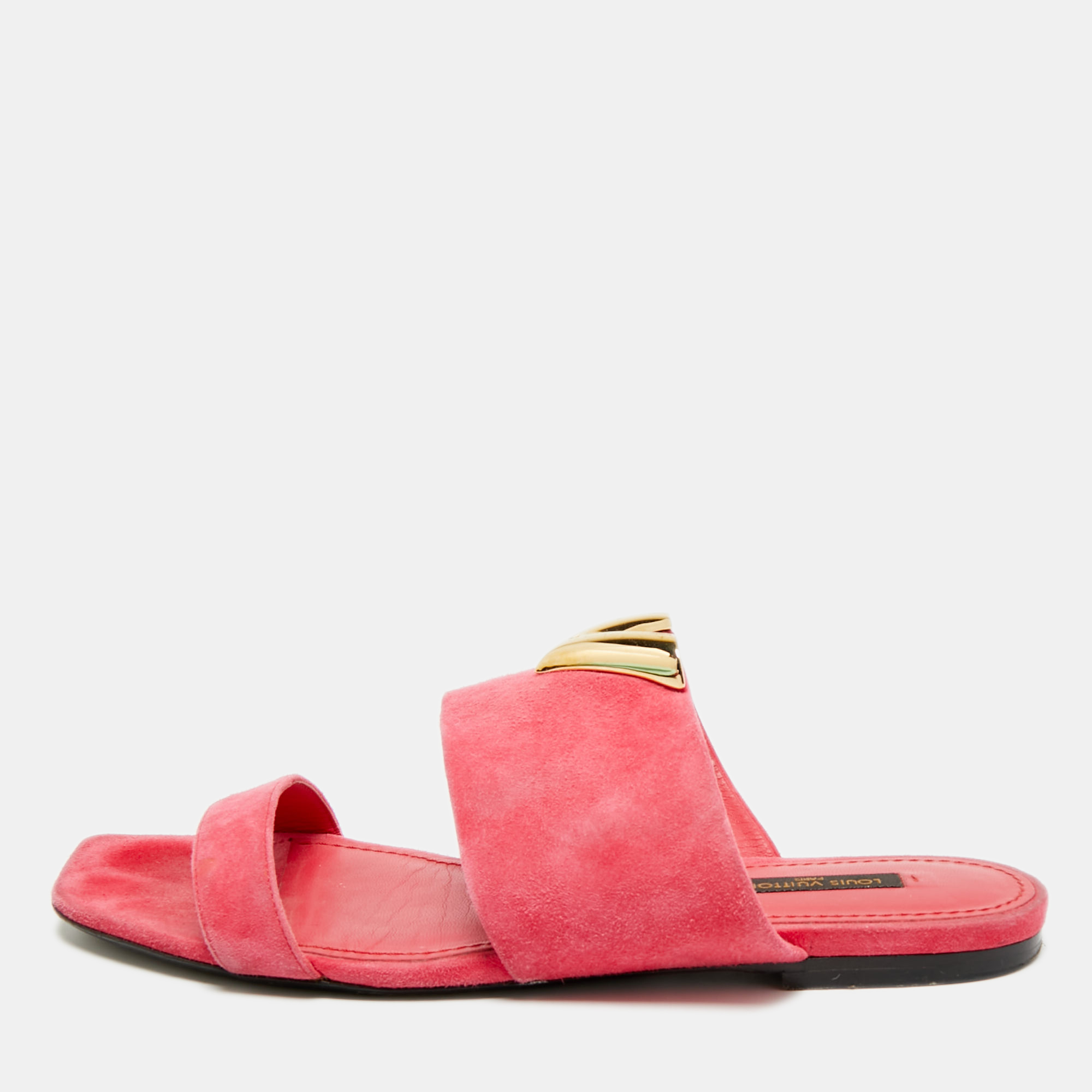

Louis Vuitton Essential V Size  Pink Suede Flat Slides