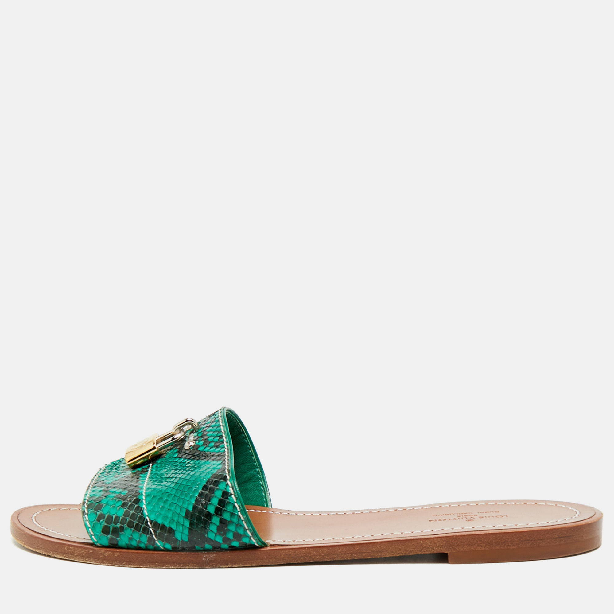 

Louis Vuitton Lock It Size  Green/Black Python Leather Dubai Exclusive Flat Slide Sandals