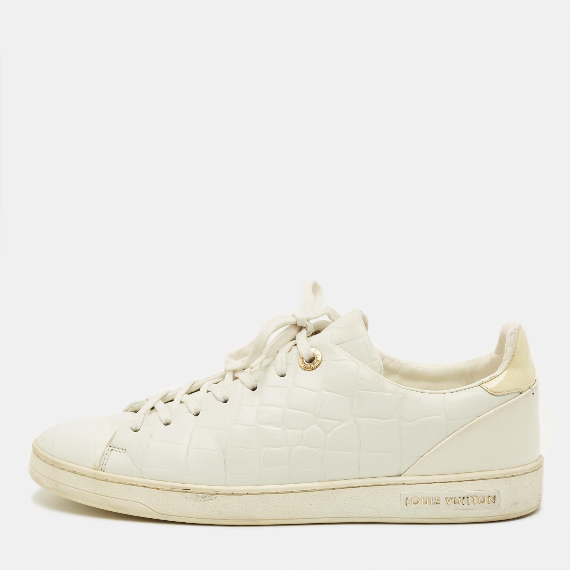 

Louis Vuitton Frontrow Size  White Croc Embossed Leather Lace Up Sneakers