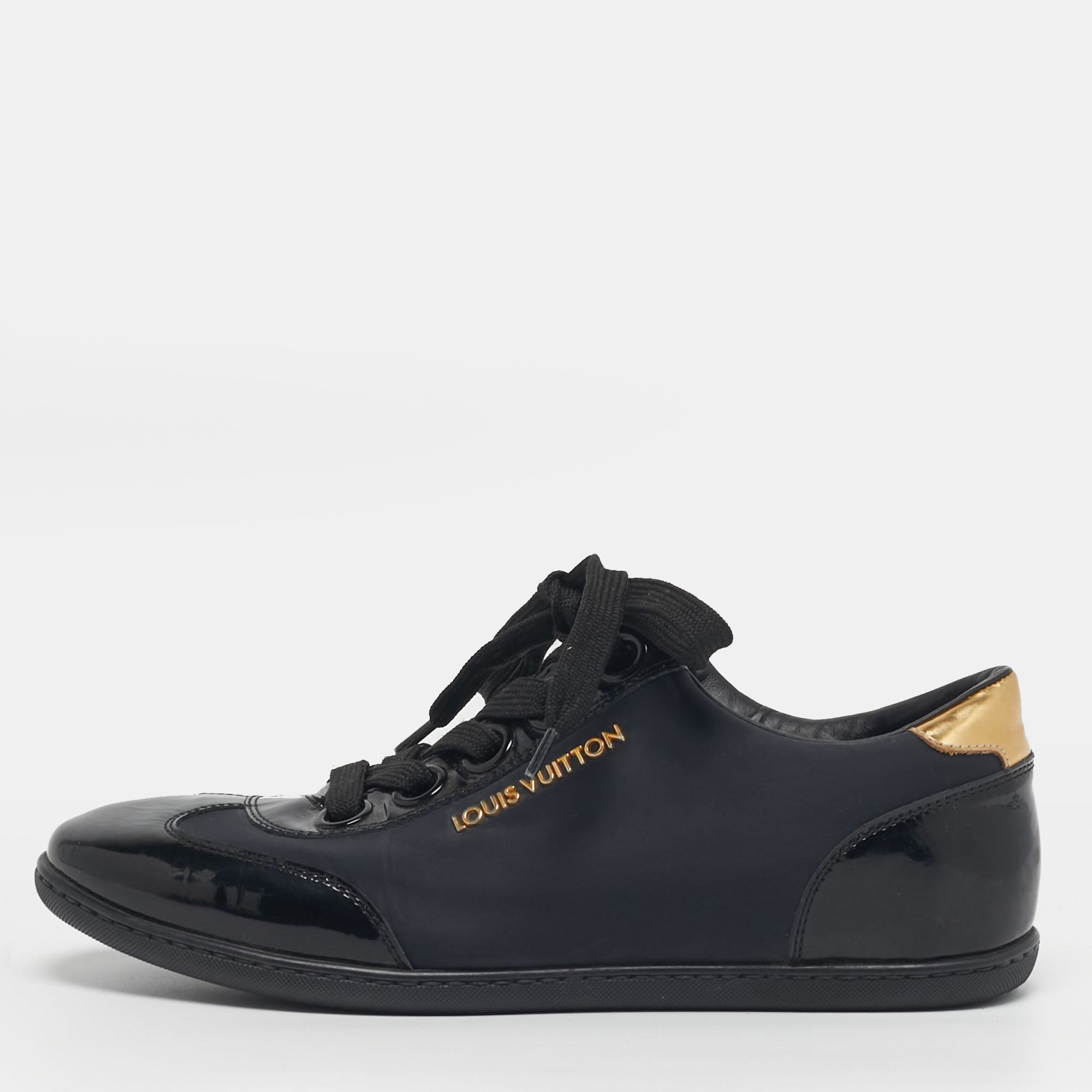 

Louis Vuitton Size  Black Neoprene and Patent Leather Low Top Sneakers