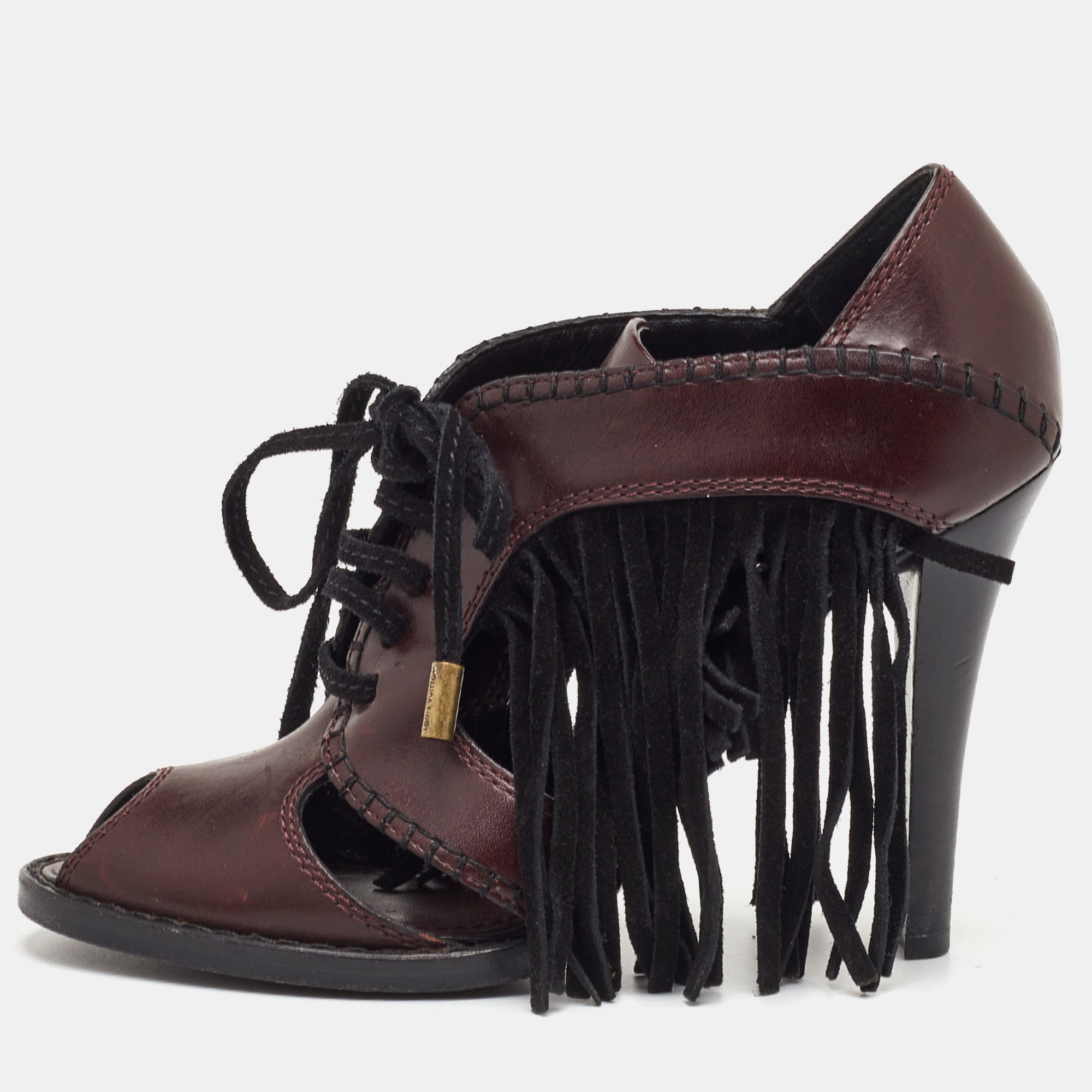 

Louis Vuitton Size  Brown/Black Leather and Suede Fringe Lace Up Peep Toe Sandals
