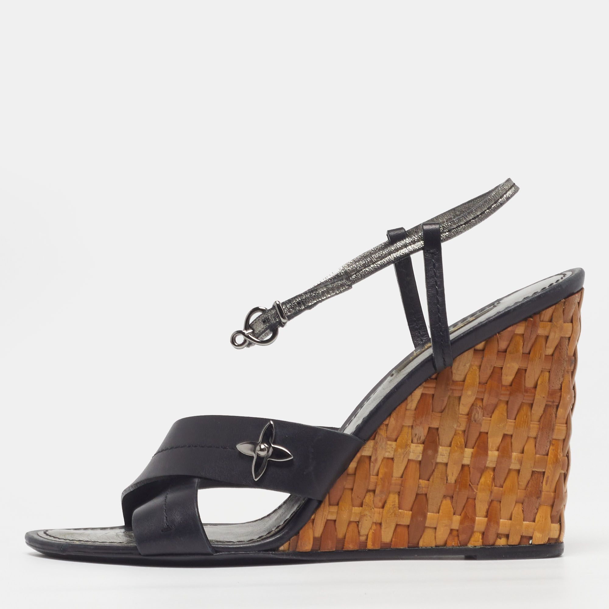 

Louis Vuitton Size  Black Leather Strappy Wicker Wedge Sandals