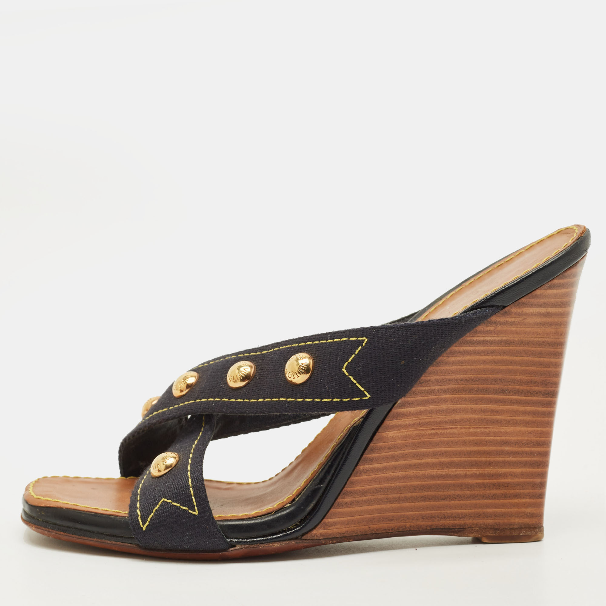 

Louis Vuitton Size  Navy Blue Studded Canvas Cross Strap Wedge Sandals