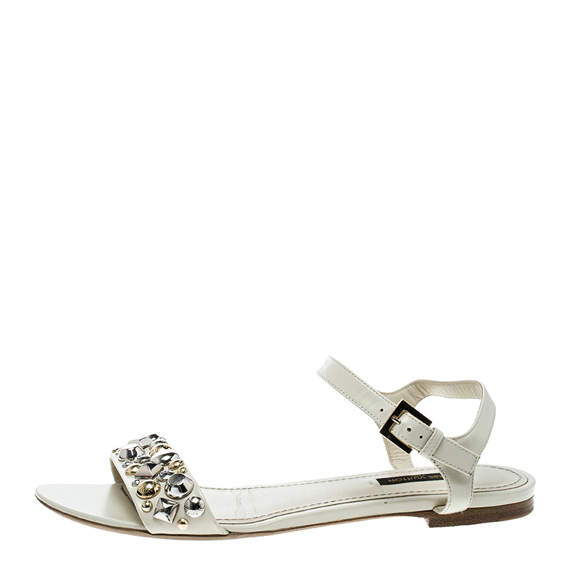 

Louis Vuitton Cream Leather Studded Flat Ankle Strap Sandals Size