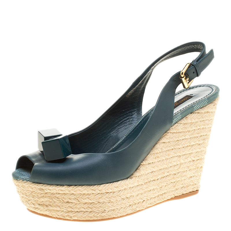 Pre Owned Louis Vuitton Green Leather Gossip Cube Embellished Espadrille Wedge Peep Toe Slingback Sandals Size 38.5