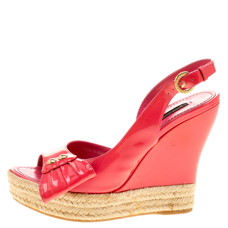 

Louis Vuitton Pink Patent Leather Peep Toe Espadrille Wedge Slingback Sandals Size