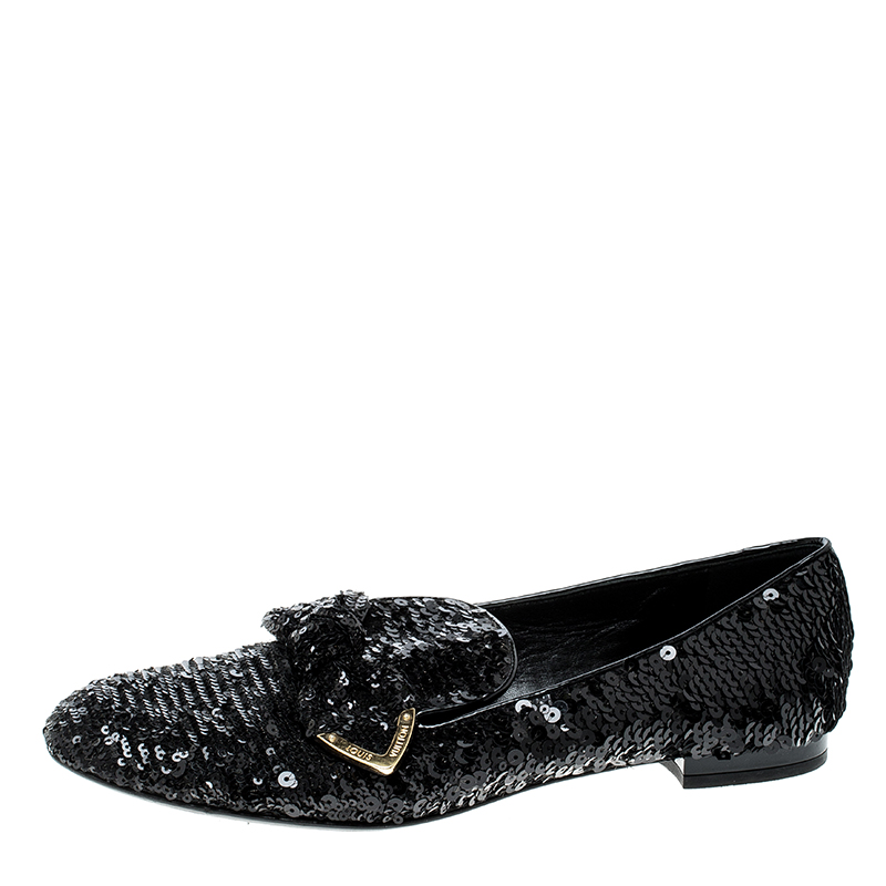 

Louis Vuitton Black Sequins Amulet Bow Detail Smoking Slippers Size