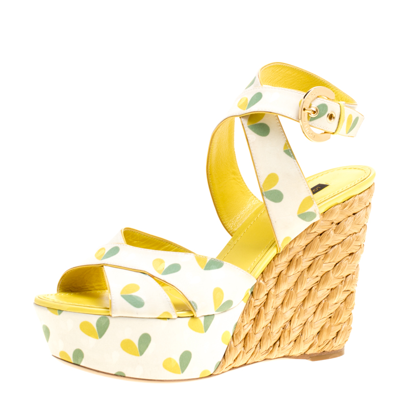 Pre Owned Louis Vuitton Printed Fabric Tuileries Raffia Wedge Cross Strap Sandals Size 40