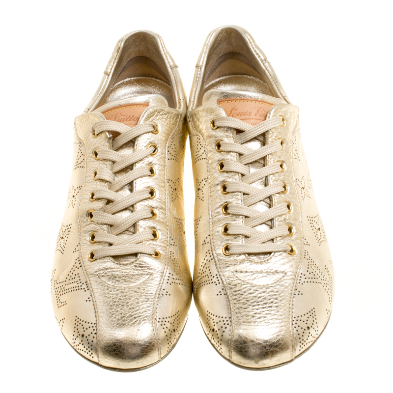 Louis Vuitton Metallic Gold Leather Perforated Leather Sneakers Size 38 ...