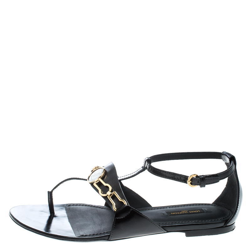 

Louis Vuitton Black Leather Thong Ankle Strap Sandals Size