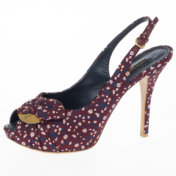 مملوكة مسبقًا Louis Vuitton Burgundy Floral Silk Catania Slingback Sandals Size 37