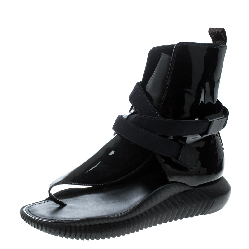 Pre Owned Louis Vuitton Black/Brown Patent Leather and Monogram Canvas Ankle Strap Sandals Size 39