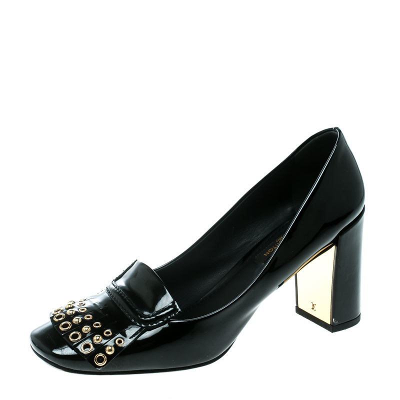 Pre Owned Louis Vuitton Black Patent Leather Fringe Detail Loafer Pumps Size 37.5