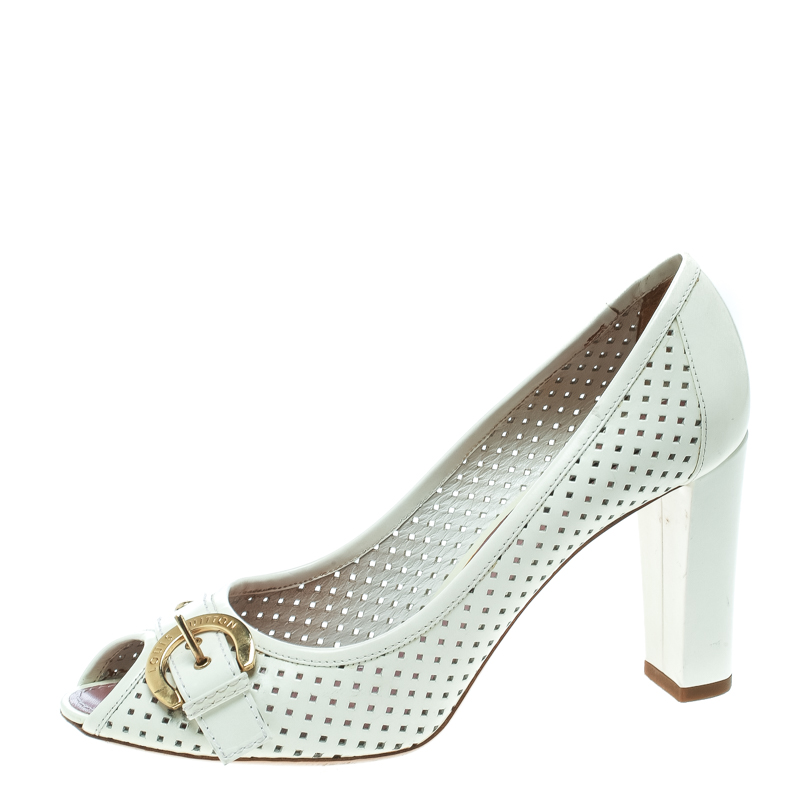 

Louis Vuitton White Perforated Leather Buckle Peep Toe Block Heel Pumps Size