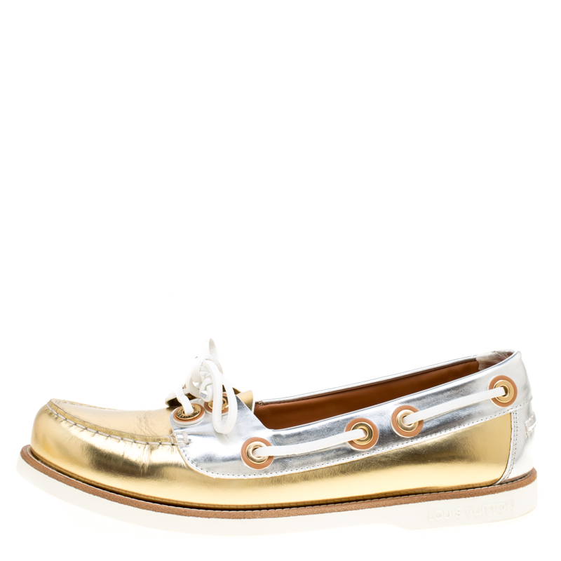 

Louis Vuitton Metallic Gold And Silver Leather Marina Boat Loafers Size