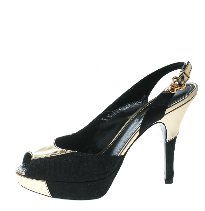 Pre-owned Louis Vuitton Black Satin And Metallic Gold Leather Motard Piccadilly Peep Toe Platform Slingback Sandals Size 36