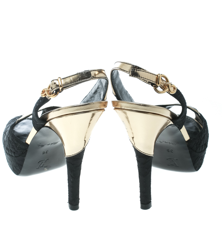Pre-owned Louis Vuitton Black Satin And Metallic Gold Leather Motard Piccadilly Peep Toe Platform Slingback Sandals Size 36