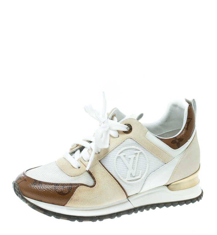 Louis Vuitton Beige Suede With White Mesh And Monogram Canvas Run Away Sneakers Size 35 Louis ...