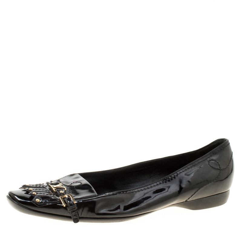 Pre Owned Louis Vuitton Black Patent Leather Fringe Detail Loafers Size 38.5