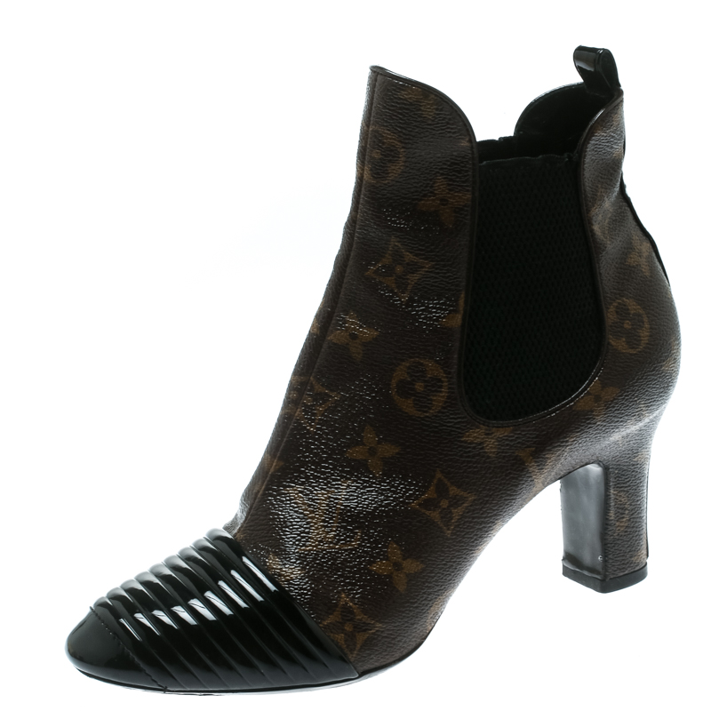 Louis Vuitton Brown Monogram Canvas With Leather Cap Toe Ankle Boots ...