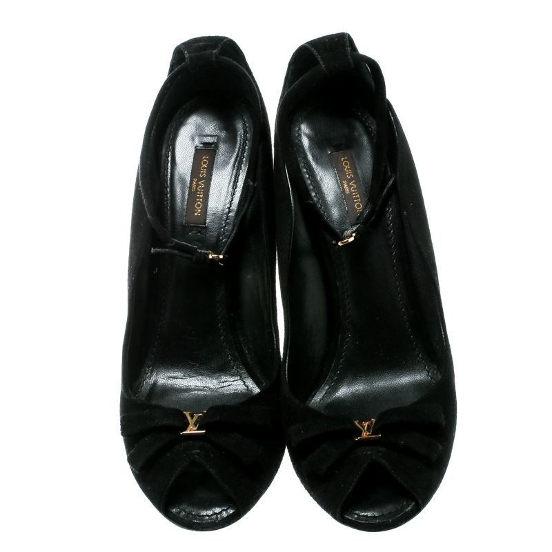 Louis Vuitton Black Suede Leather Bow Peep Toe Ankle Strap Wedge Sandals  Size 38.5 Louis Vuitton