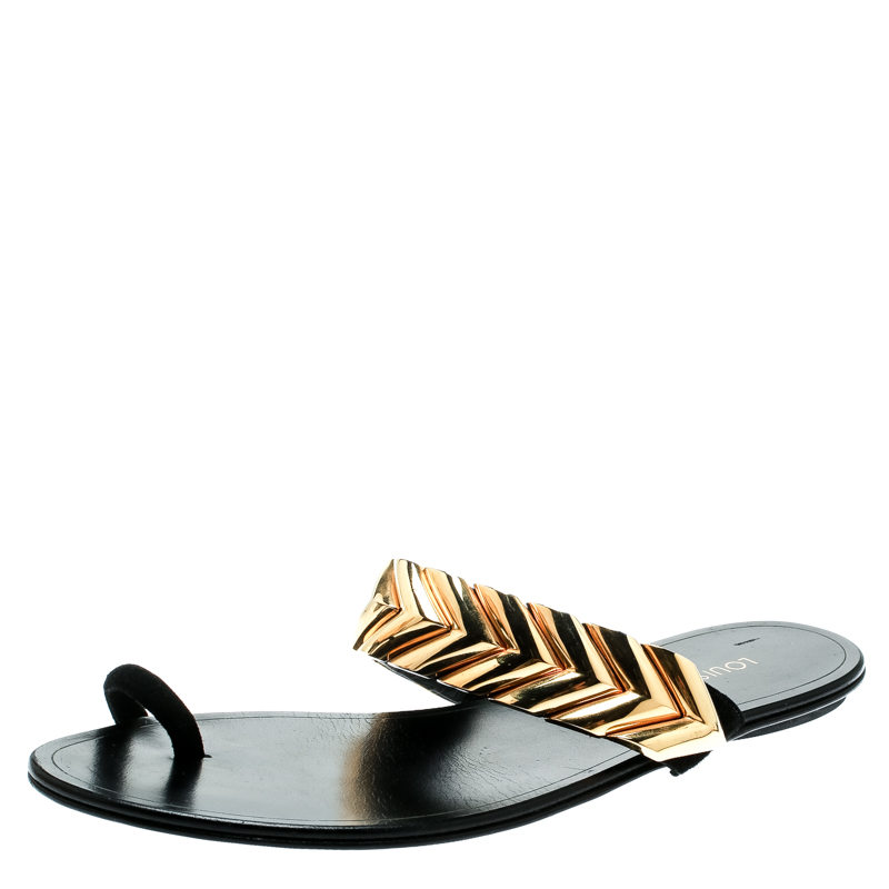 مملوكة مسبقًا Louis Vuitton Black Embellished Suede and Leather Toe Ring Flat Sandals 37