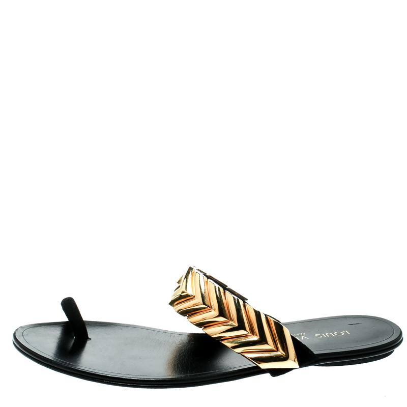 

Louis Vuitton Black Embellished Suede and Leather Toe Ring Flat Sandals