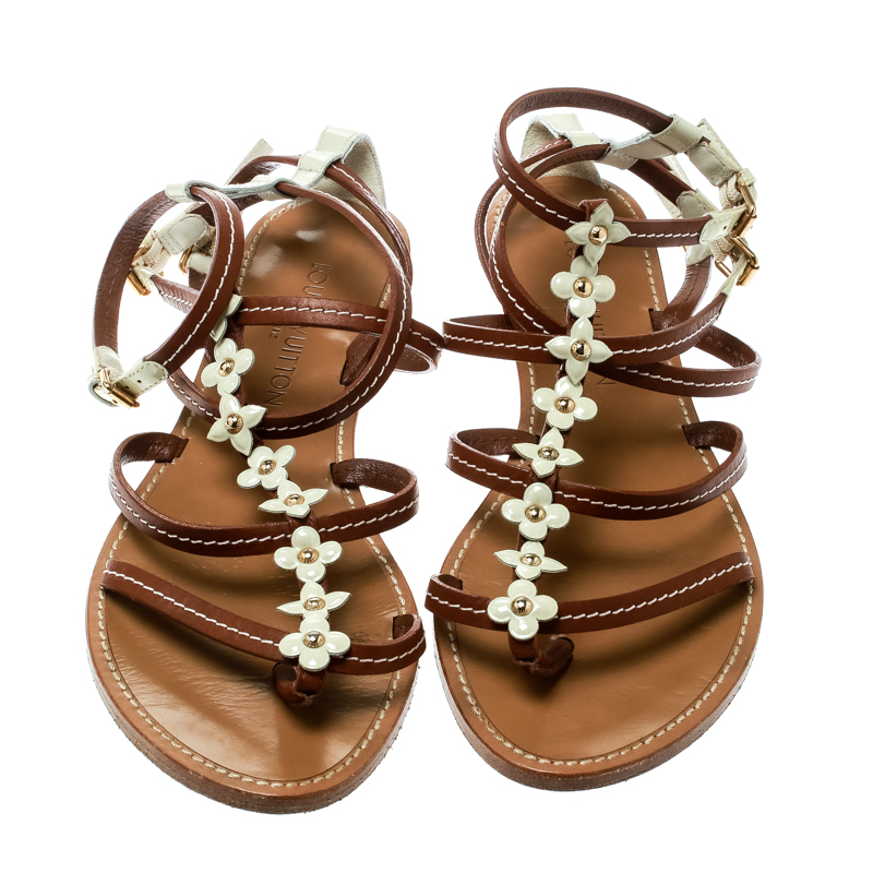 Louis Vuitton Brown/Cream Leather Fleur Strappy Flat Sandals Size 37.5 Louis  Vuitton