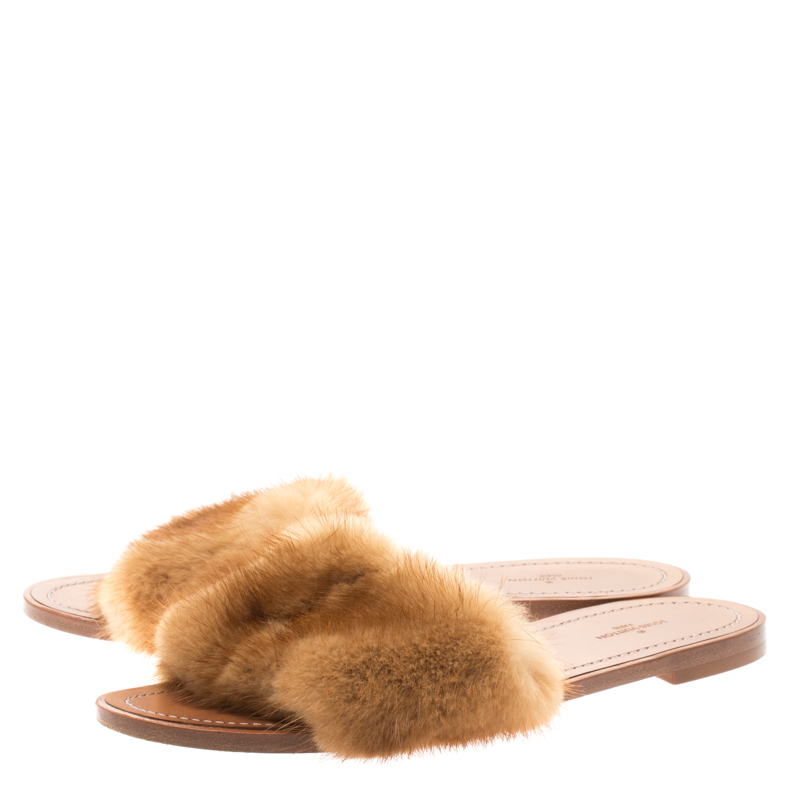 Louis Vuitton Brown Mink Fur Lock It Flat Slides Size 38 Louis Vuitton | TLC