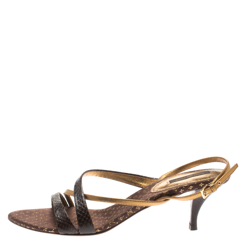 

Louis Vuitton Brown Python And Metallic Gold Leather Strappy Sandals Size