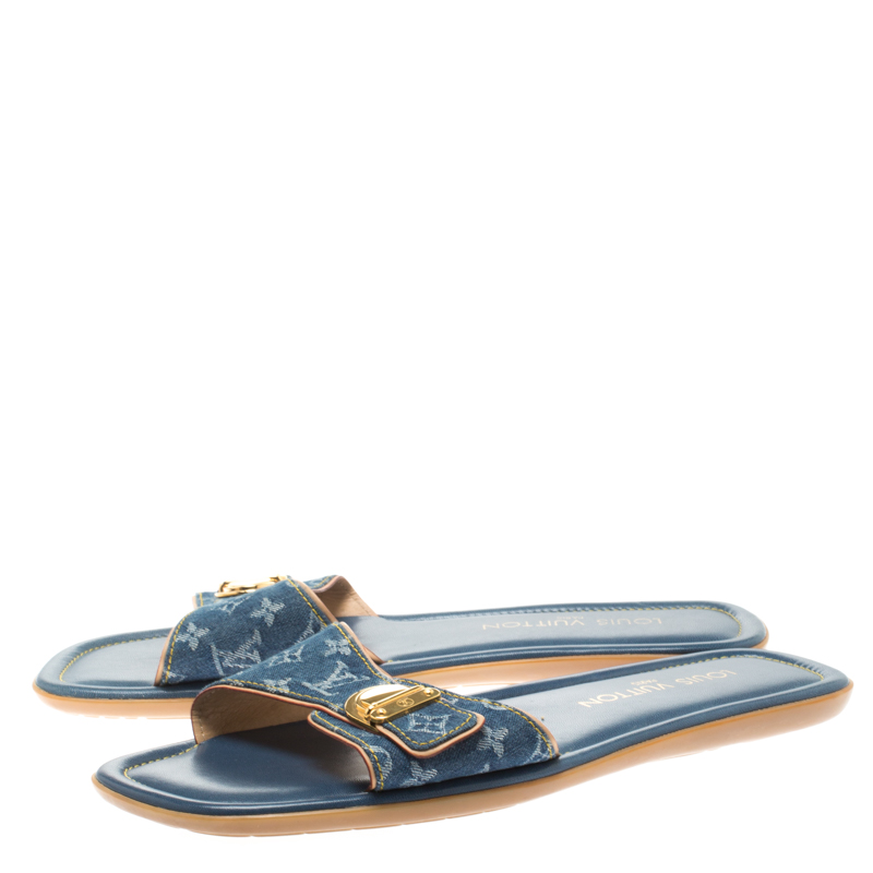 Louis Vuitton Blue Monogram Denim Buckle Detail Flat Slides Size 39