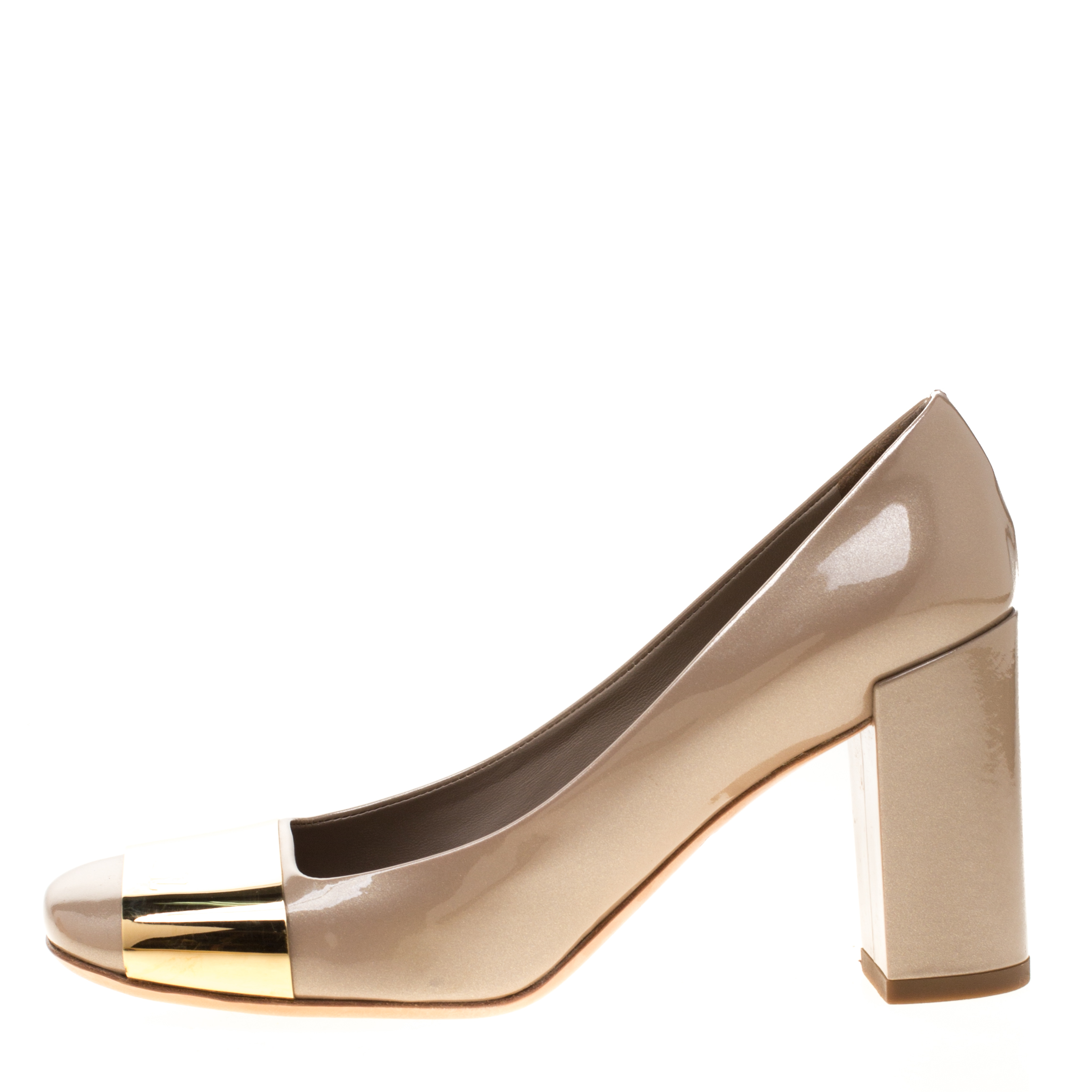 

Louis Vuitton Beige Patent Leather Block Heel Pumps Size
