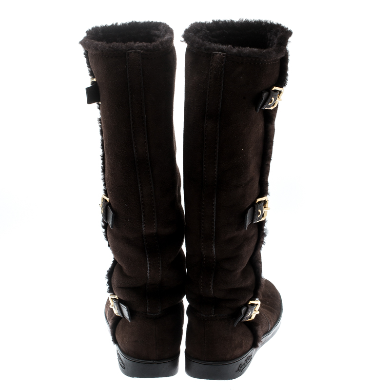 Louis Vuitton Brown Suede Buckle Detail Shearling Lined Knee High Flat Boots  Size 38.5 Louis Vuitton