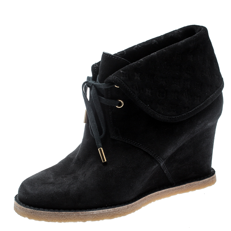 Pre Owned Louis Vuitton Black Monogram Suede Wedge Ankle Boots Size 39