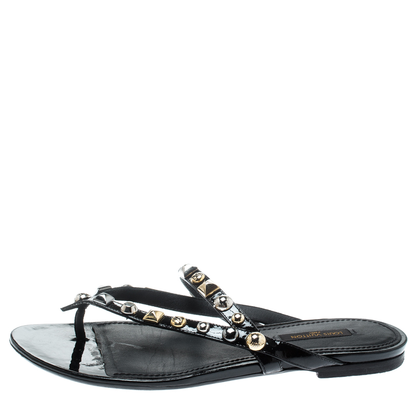 

Louis Vuitton Black Leather Studded Thong Sandals Size