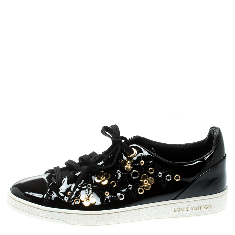 

Louis Vuitton Black Patent Leather Frontrow Blossom Floral Embellished Low Top Sneakers Size