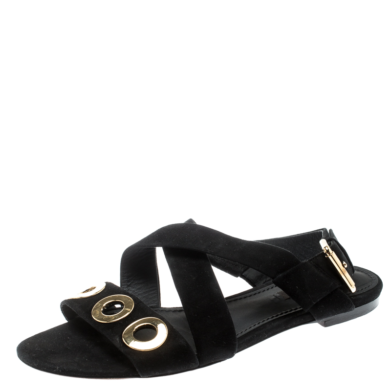 مملوكة مسبقًا Louis Vuitton Black Suede Golden Hour Strappy Flat Sandals Size 37