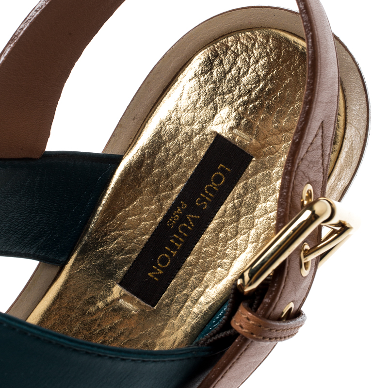 Louis Vuitton Green And Brown Leather Lounger Ankle Strap Open Toe