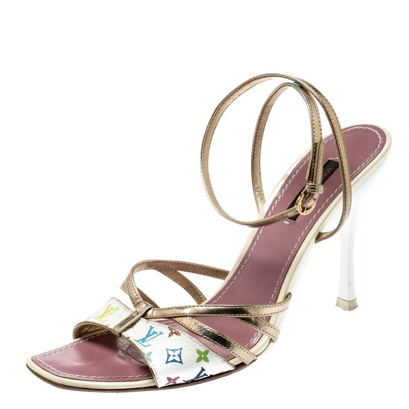 Pre Owned Louis Vuitton Multicolor Monogram Canvas And Leather Ankle Strap Open Toe Sandals Size 38