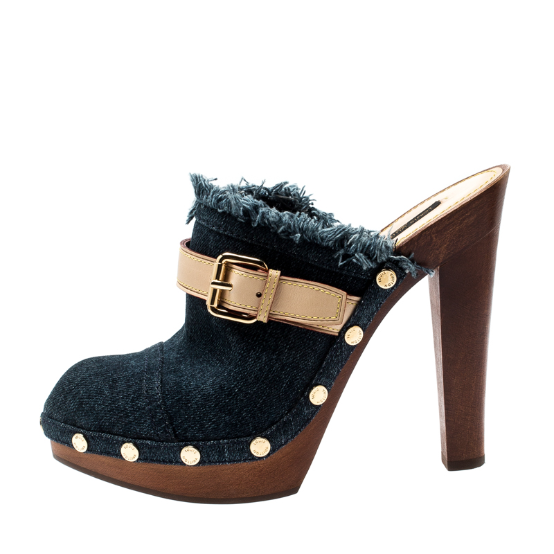 

Louis Vuitton Denim And Leather Trim Buckle Platform Mules Size, Blue