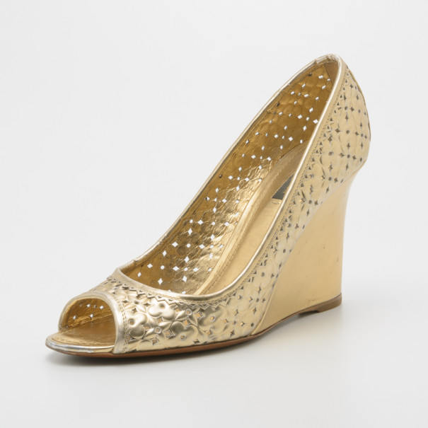 Pre Owned Louis Vuitton Stand By Me Peep Toe Wedge Pumps Size 40.5