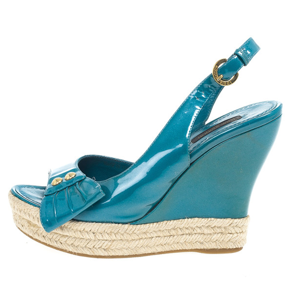 Pre-owned Louis Vuitton Blue Patent Espadrilles Slingback Wedges Size 37.5