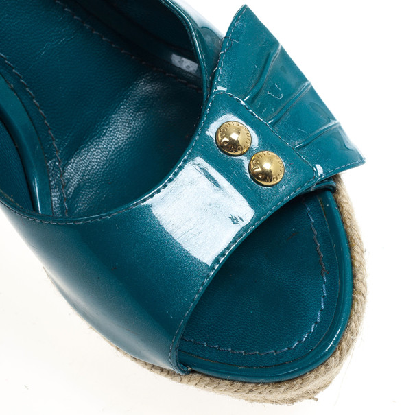 Louis Vuitton Blue Leather Espadrille Wedge Slingback Sandals Size