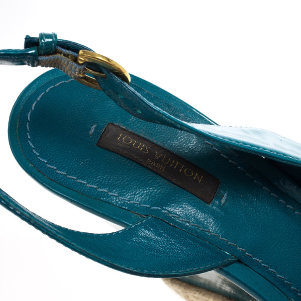 Pre-owned Louis Vuitton Blue Patent Espadrilles Slingback Wedges Size 37.5